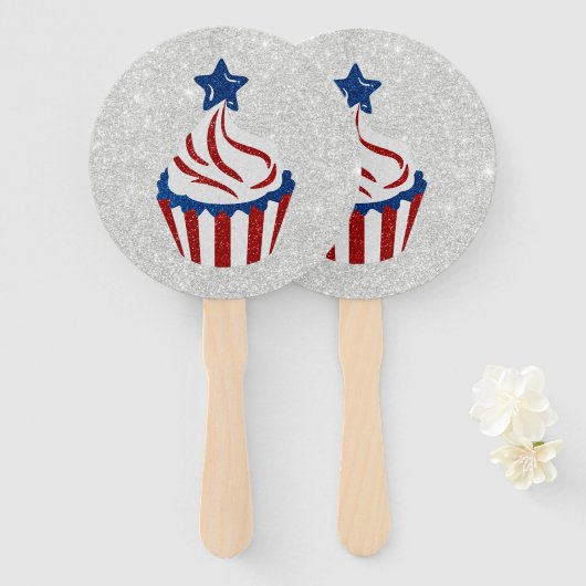 Rode, Witte & Blauwe Cupcake 4 Juli Glitter Handwaaier (Voorkant en achterkant)