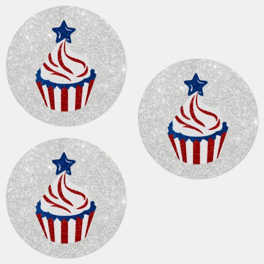 Rode, Witte & Blauwe Cupcake 4 Juli Glitter Labels (Groep)