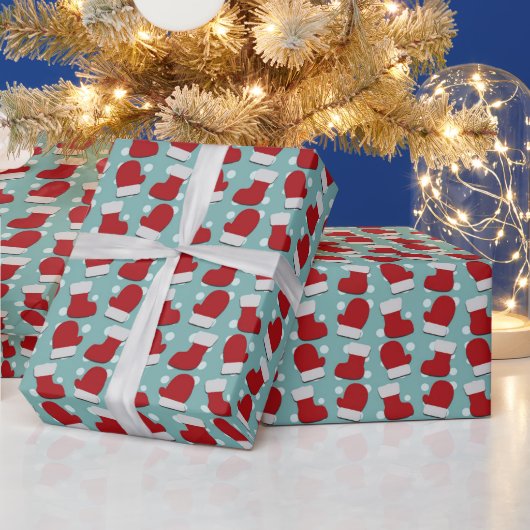 Rode Witte Blauwe Kerstmutsen Handschoenen Cadeaupapier (Feestdagen)