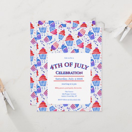 Rode witte & blauwe patriottische cupcake 4 juli kaart (Voorkant / Achterkant in situ)