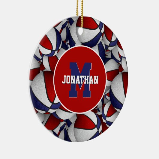 rode witte blauwe sport gepersonaliseerd basketbal keramisch ornament (Rechts)