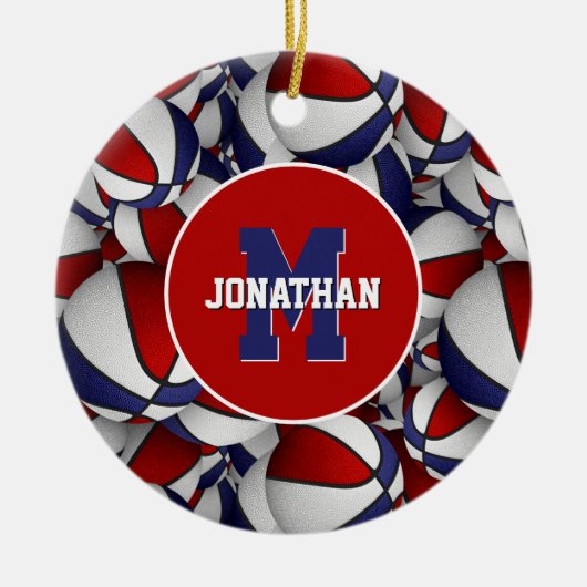 rode witte blauwe sport gepersonaliseerd basketbal keramisch ornament (Voorkant)