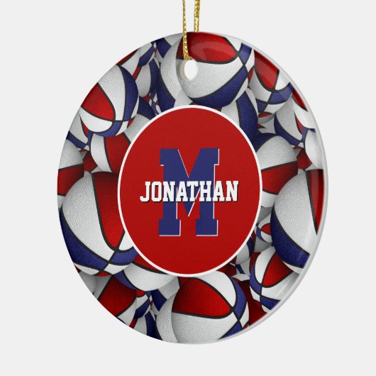 rode witte blauwe sport gepersonaliseerd basketbal keramisch ornament (Links)
