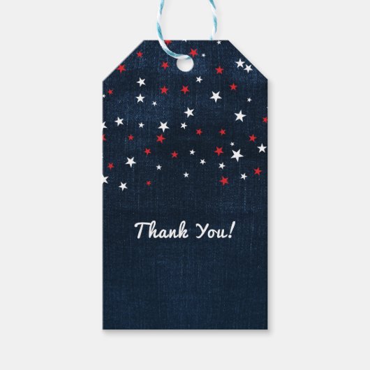 Rode Witte & Blauwe Sterren Denim Feest Favor Cadeaulabel (Voorkant)