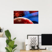 Rode witte blauwe sterren en vuurwerk Poster (Thuiskantoor)
