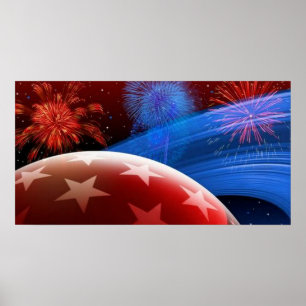 Rode witte blauwe sterren en vuurwerk Poster