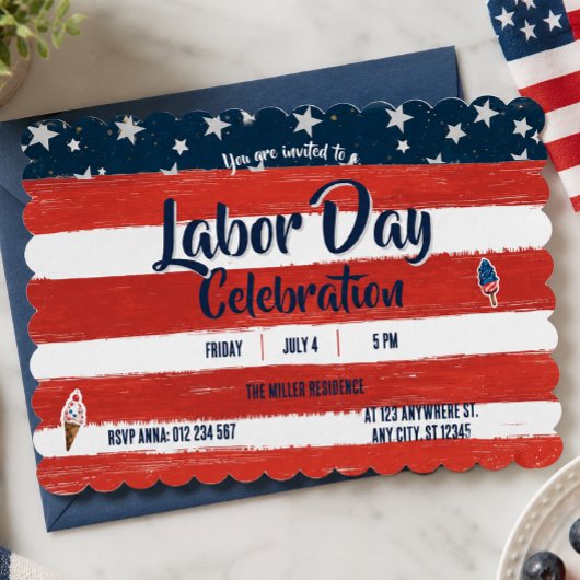 Rode, Witte & Blauwe Strepen Labor Day Feestje Kaart