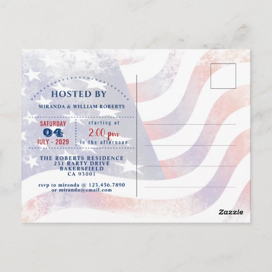 Rode, witte, blauwe vlag 4 juli Feestuitnodiging Briefkaart (Achterkant)