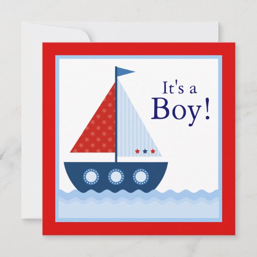 Rode Witte Blauwe Zeilboot Nautische Baby Shower Kaart (Voorkant)