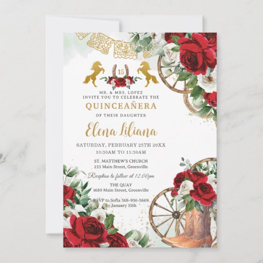 Rode witte bloem Charro Charra paarden Quinceañera Kaart (Voorkant)