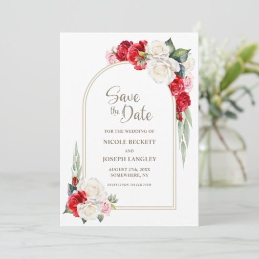 Rode Witte Bloemboog Trouwen Save the Date (Staand voorkant)