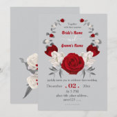 Rode & witte bloemen botanische krans bruiloft kaart (Voorkant / Achterkant)