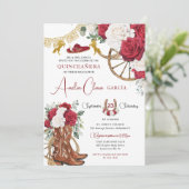 Rode witte bloemen Charro laarzen paarden Quinceañ Kaart (Staand voorkant)