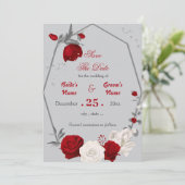 Rode & witte bloemen geometrisch opslaan de datum kaart (Staand voorkant)