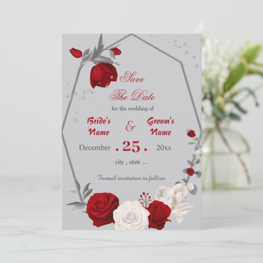 Rode & witte bloemen geometrisch opslaan de datum kaart (Staand voorkant)