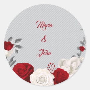 Rode & witte bloemen grijze bladeren ronde sticker