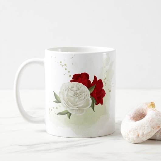 Rode witte bloemen groen  koffiemok (Met donut)