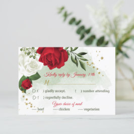 Rode & witte bloemen groen maaltijdkeuze RSVP kaartje