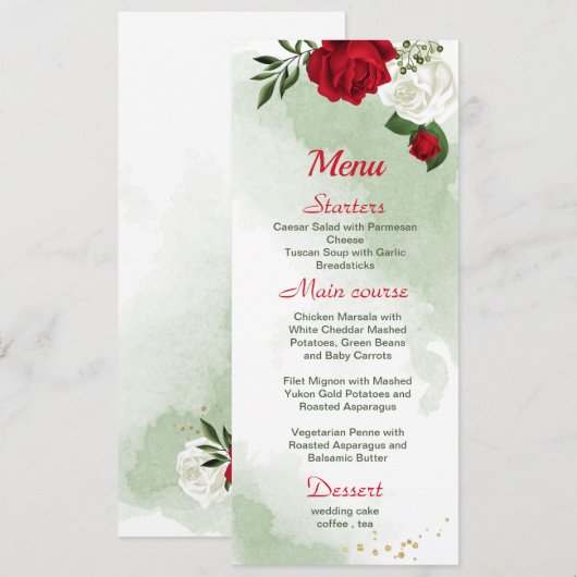 rode witte bloemen groene bruiloft menu (Voorkant / Achterkant)