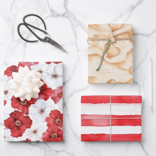 Rode Witte Bloemen Harten Bruiloftszand Bruidsboek Inpakpapier Vel (Voorkant)