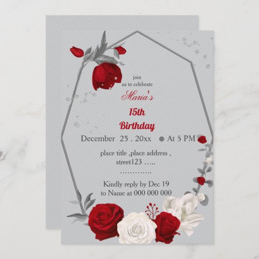 Rode & witte bloemen krans verjaardag uitnodiging (Voorkant / Achterkant)