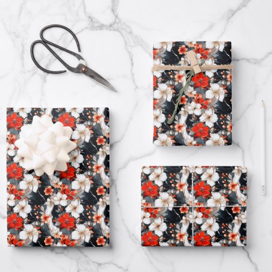 Rode & Witte Bloemen op Marmer Inpakpapier Vel (Voorkant)