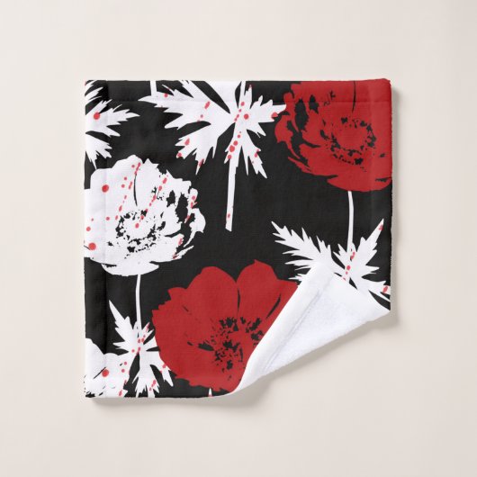 Rode, witte bloemen op zwart. bad handdoek (Wasdoekje)