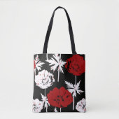 Rode, witte bloemen op zwart. tote bag (Voorkant)