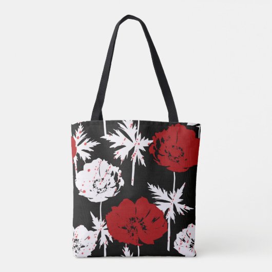 Rode, witte bloemen op zwart. tote bag (Achterkant)