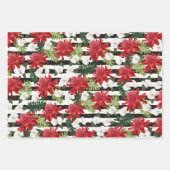 Rode Witte Bloemen op zwarte witte strepen Stippen Inpakpapier Vel (Voorkant 2)