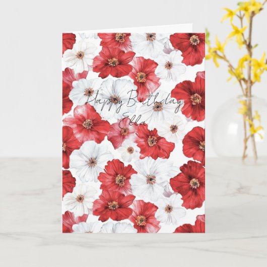 Rode Witte Bloemen Verjaardag Kaart (Gele Bloem)