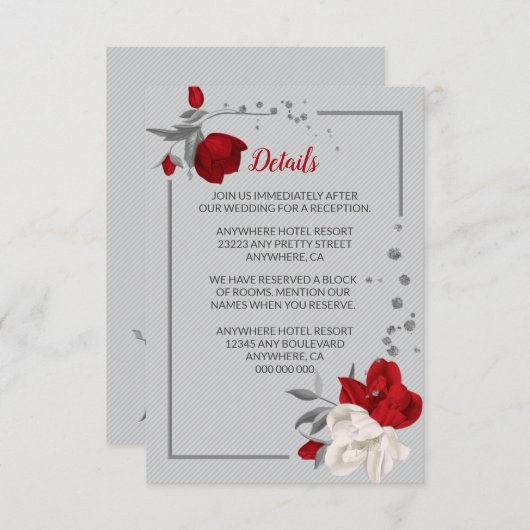 Rode & witte bloemen zilveren bladeren details informatiekaartje (Voorkant / Achterkant)