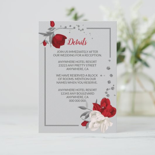 Rode & witte bloemen zilveren bladeren details informatiekaartje (Staand voorkant)