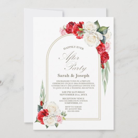 Rode witte bloemenboog bruiloft na feest kaart (Voorkant)