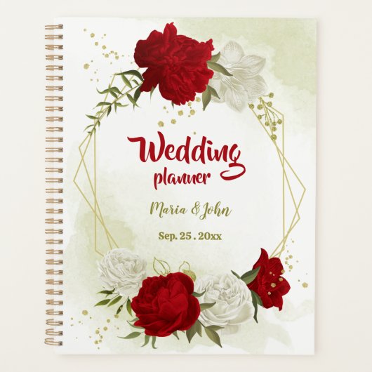 rode witte bloemige groene trouw planner (Voorkant)