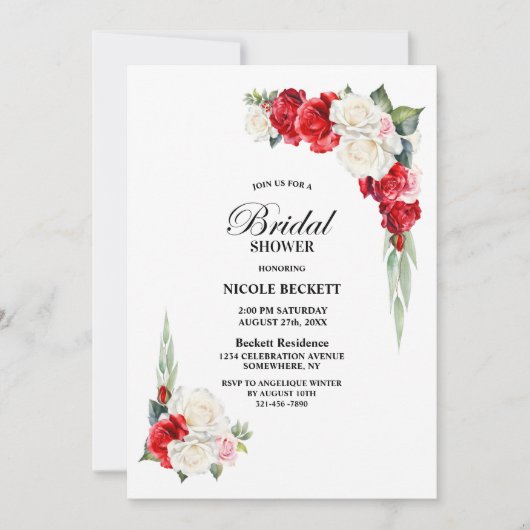 Rode Witte Bloemige Trouwfeest Uitnodiging (Voorkant)