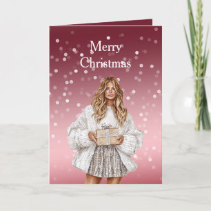 Rode Witte Bokeh Stippen Kerst Mooie Blondine Meis Kaart