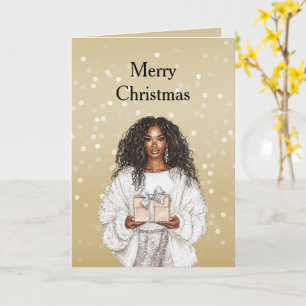 Rode Witte Bokeh Stippen Kerst Mooie Zwarte Meisje Kaart