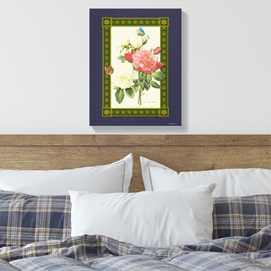 Rode witte botanische Rozen gewikkeld doek Canvas Afdruk (Insitu (Slaapkamer))