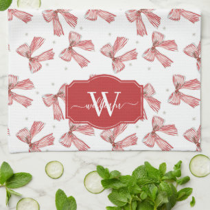 Rode Witte Candy Cane Gestreepte Lint Bogen Sneeuw Theedoek