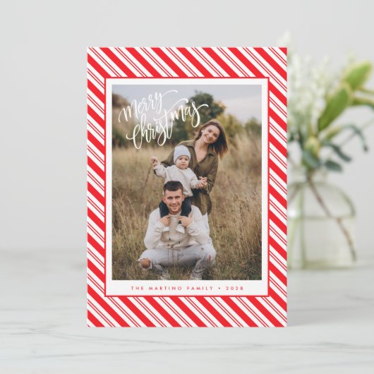 Rode Witte Candy Cane Stripe Foto Kerst Kaart (Staand voorkant)