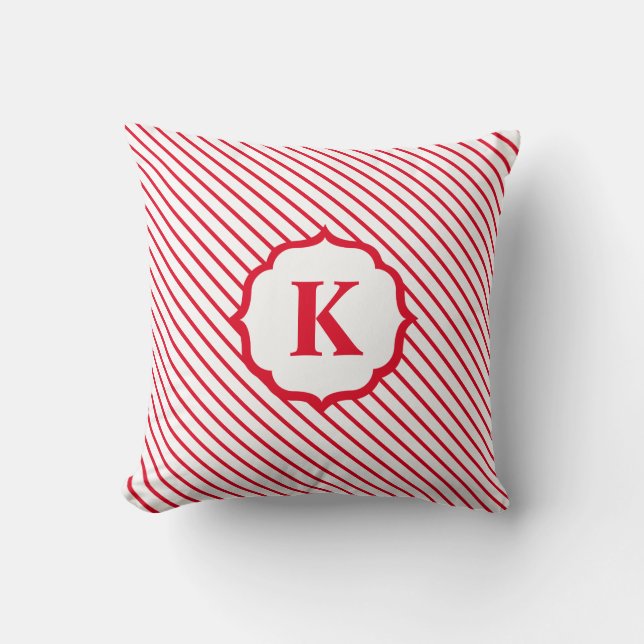 Rode Witte Candy Cane Stripe Monogram Kerstmis Kussen (Voorkant)