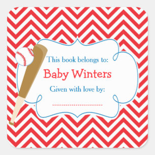 Rode/Witte Chevron Baseball Baby shower Boekplaat Vierkante Sticker