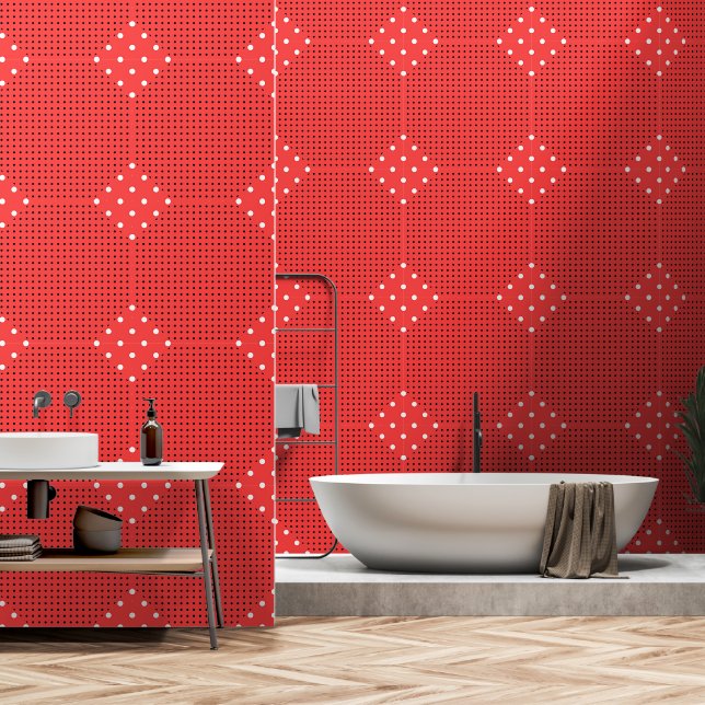 Rode Witte Diamant Stippen Behang (Badkamer)