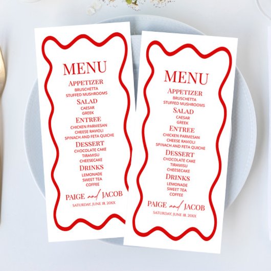 Rode Witte Elegante Golflijn Rand Bruiloftsvoedsel Menu