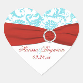 Rode, witte en Aqua Damask Heart Shape Sticker