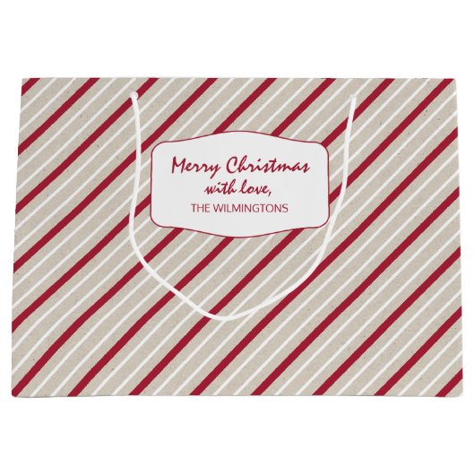 Rode, witte en beige strepen groot cadeauzakje (Voorkant)