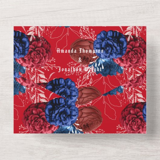 Rode Witte en Blauwe Amerikaanse bruiloft All In One Uitnodiging (Achterkant)
