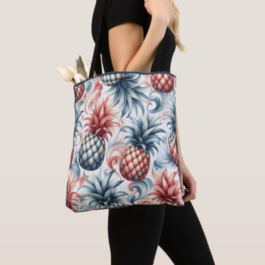 Rode, witte en blauwe ananas tote bag (Dichtbij)