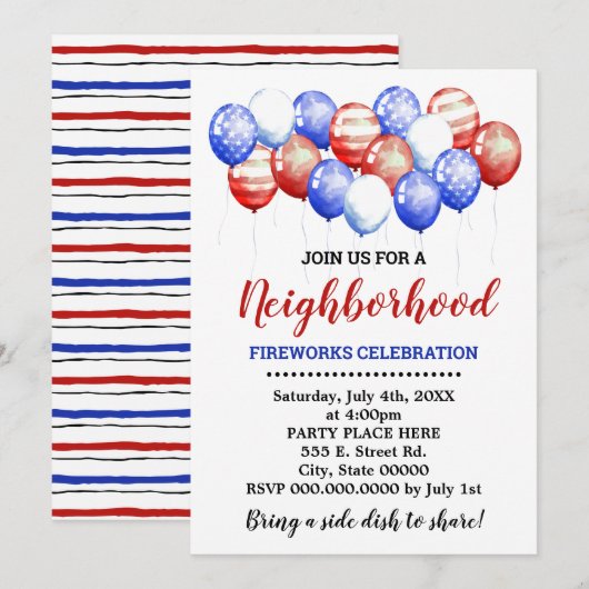 Rode witte en blauwe ballonnen buurtfeest kaart (Voorkant / Achterkant)